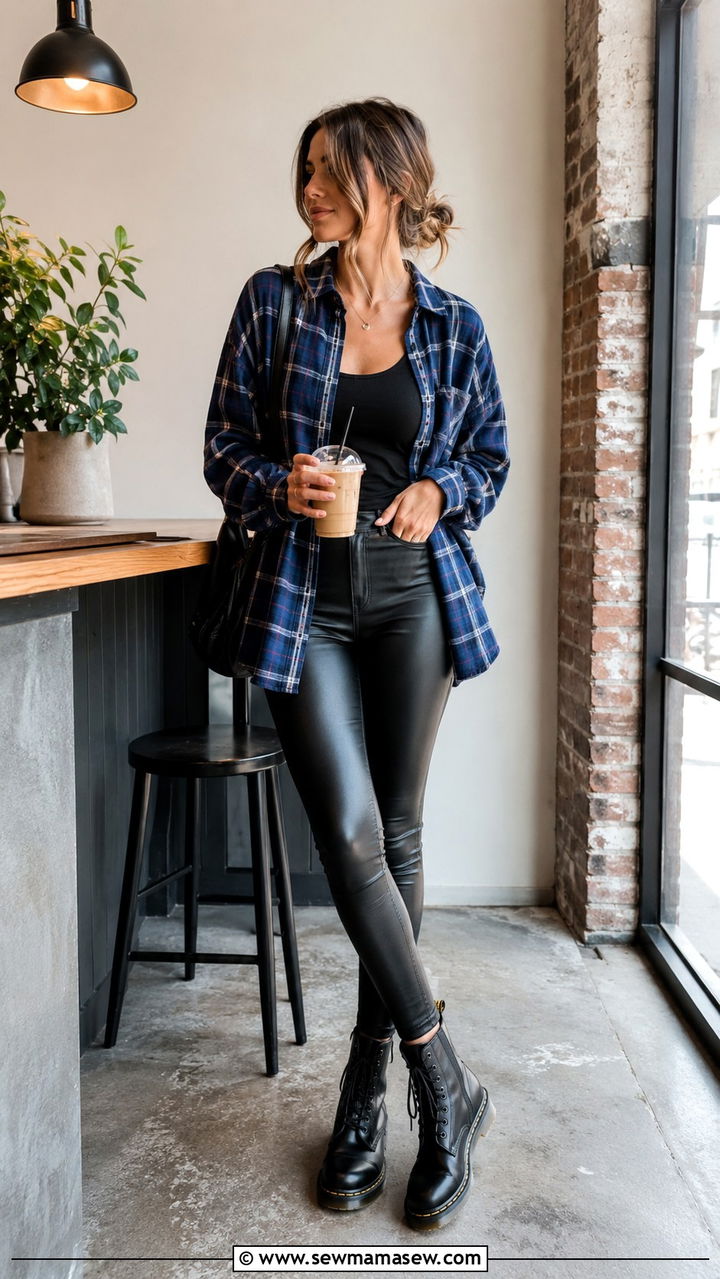 Plaid Shirt with Black Leggings and Lace Up Boots - 30 casual grunge outfits