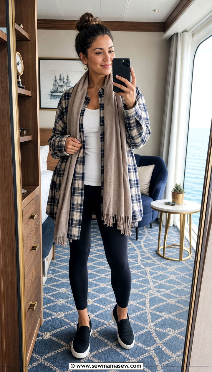 Plaid Shirt with Black Leggings for a Cozy Sea Day - 25 Disney cruise outfit ideas 2026