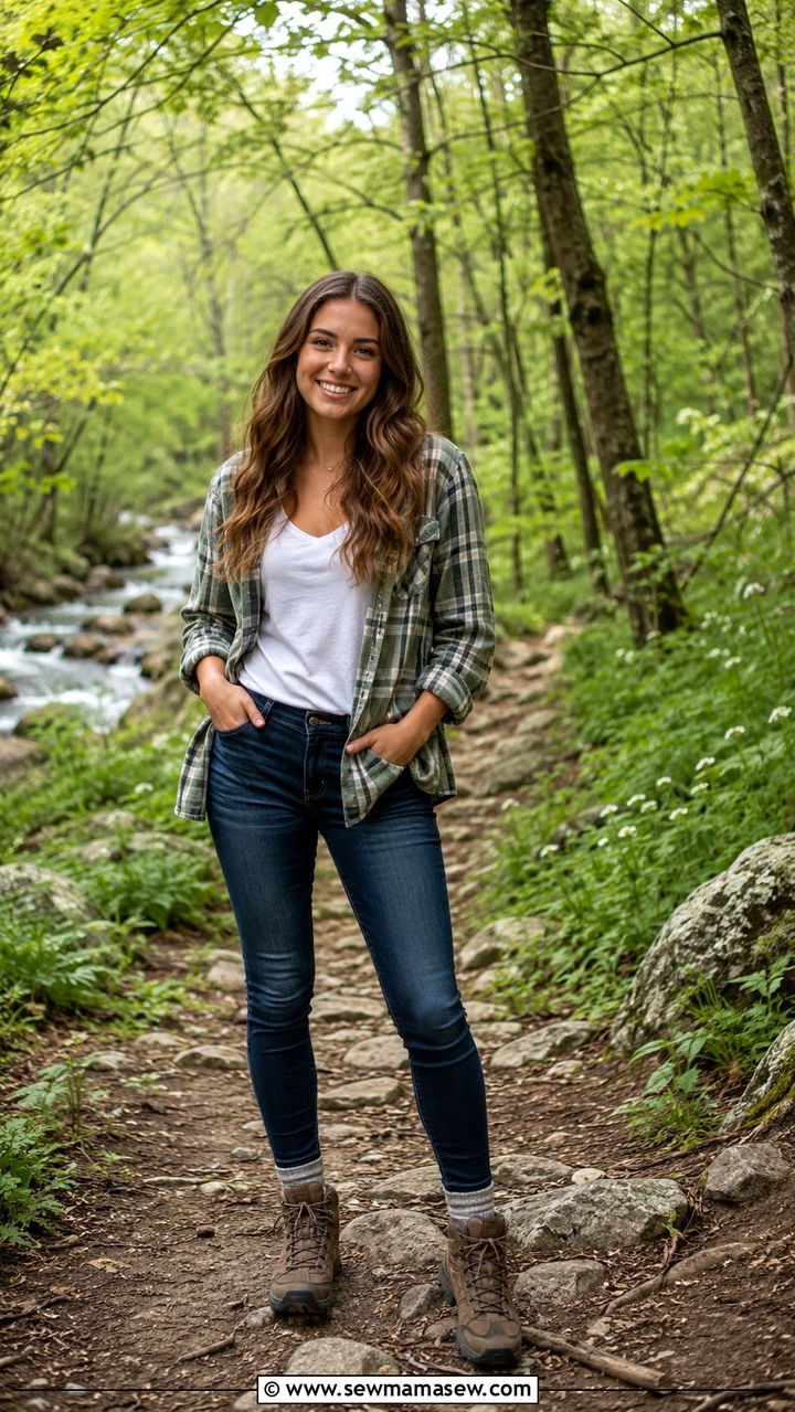 Plaid Shirt with Dark Jeans and Hiking Boots - 30 Spring senior photo outfits