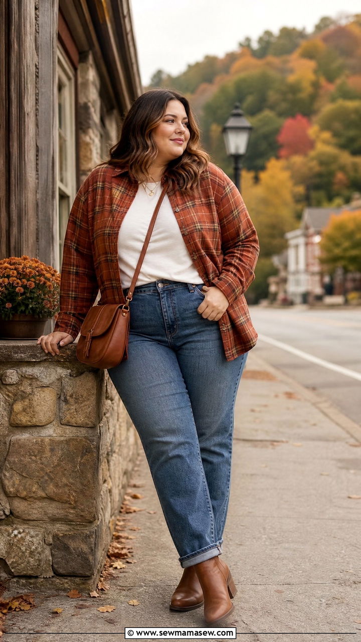 Plaid Shirt with High Waisted Jeans - 30 Plus size outfit ideas for travel