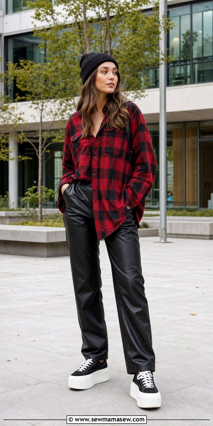 Plaid Shirt with Leather Pants Outfit - 35 casual college outfits