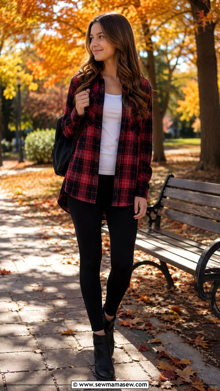 Plaid Shirt with Leggings - 30 School outfit ideas with leggings
