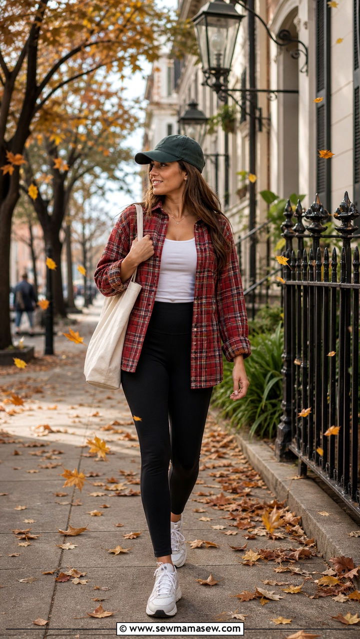 Plaid Shirt with Yoga Pants for a Casual Fall Travel Day - 40 What to wear in New Orleans