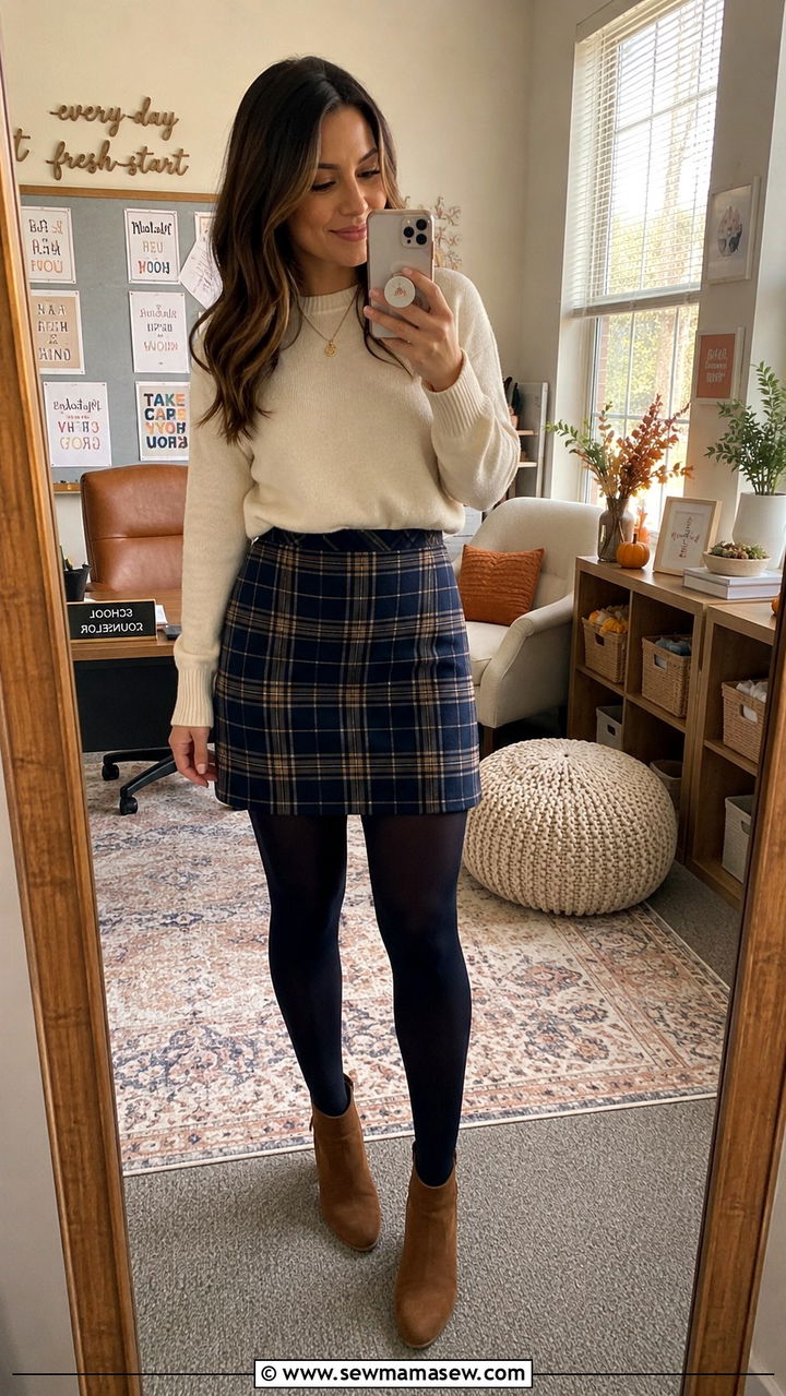Plaid Skirt Cream Sweater Tights Ankle Boots - 30 School counselor outfit ideas