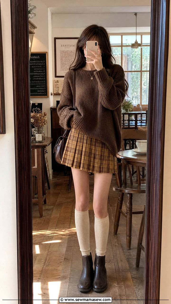 Plaid Skirt and Brown Sweater Outfit - 25 classy light academia outfit ideas
