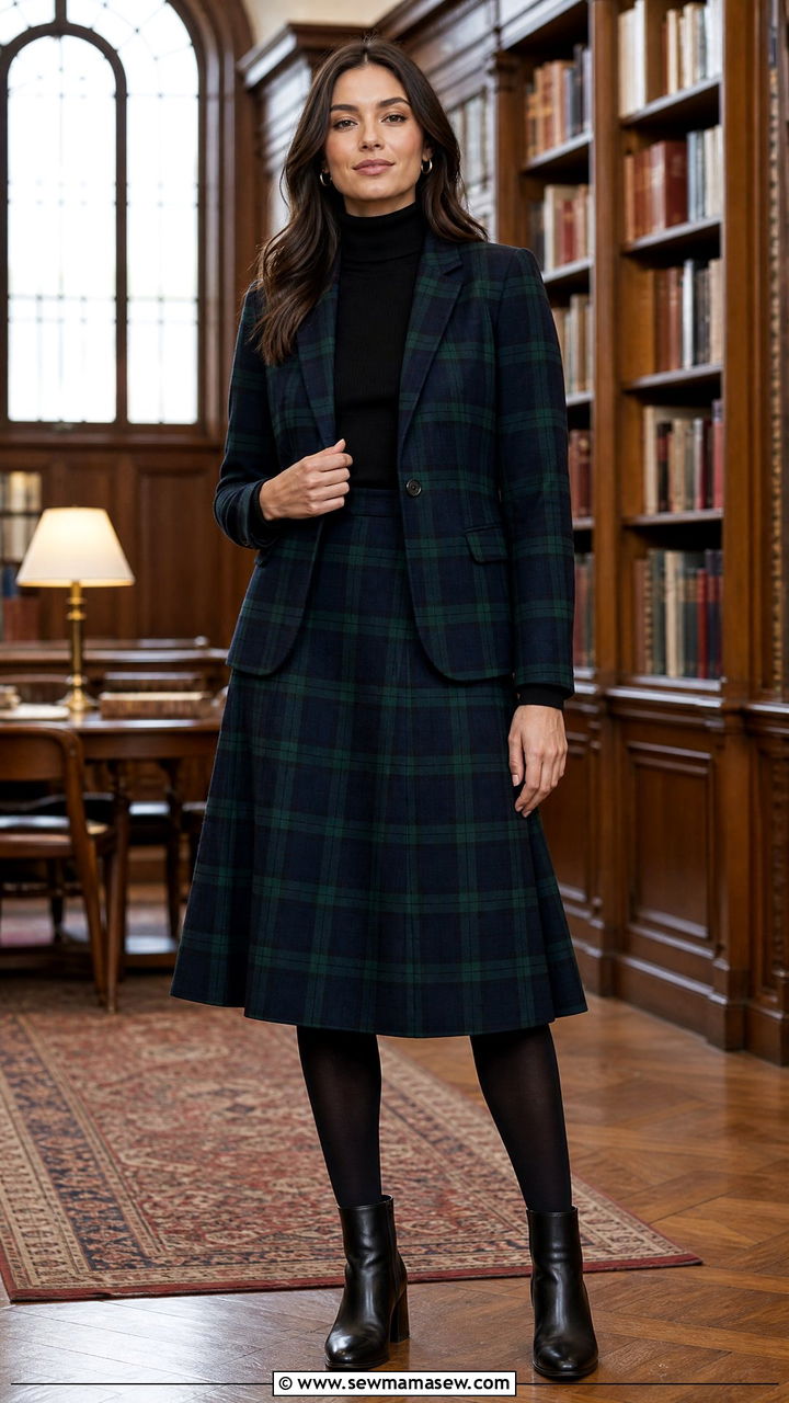 Plaid Skirt and Matching Blazer Ensemble - 30 Matching set outfit ideas for work