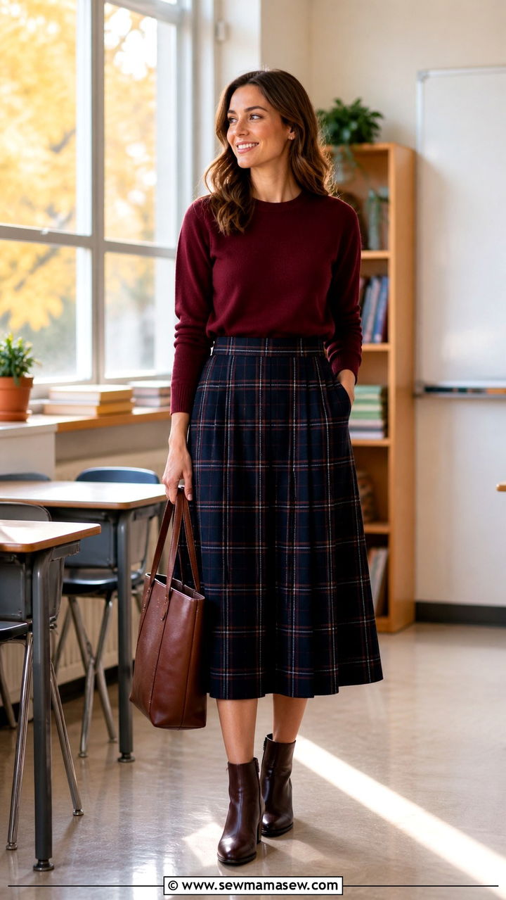 Plaid Skirt and Sweater Teacher Outfit - 40 Teacher outfit ideas