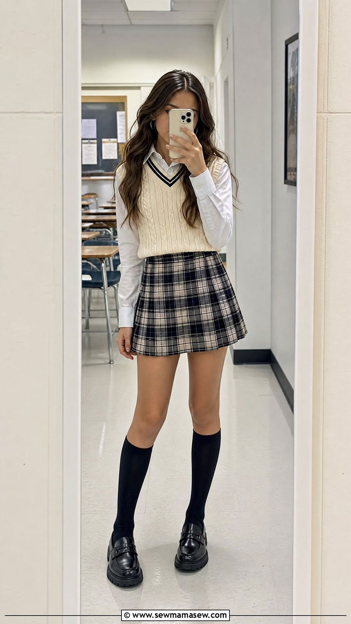 Plaid Skirt and Sweater Vest Outfit - 30 Tween outfit ideas aesthetic