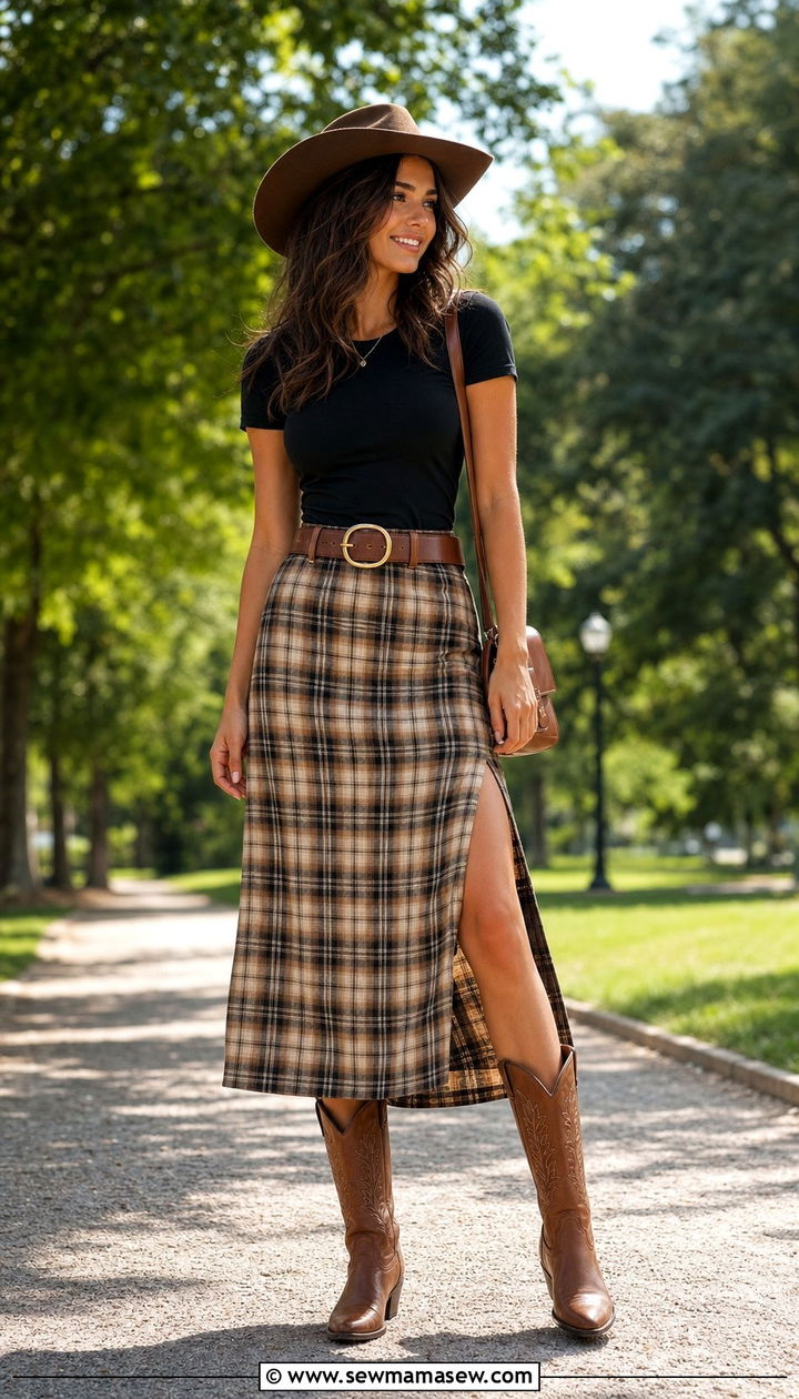 Plaid Skirt with Cowgirl Boots - 25 Cowgirl aesthetic outfit ideas