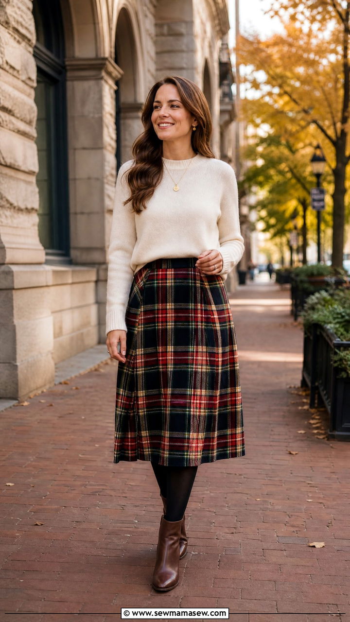 Plaid Skirt with Solid Sweater - 30 family photo outfits for women