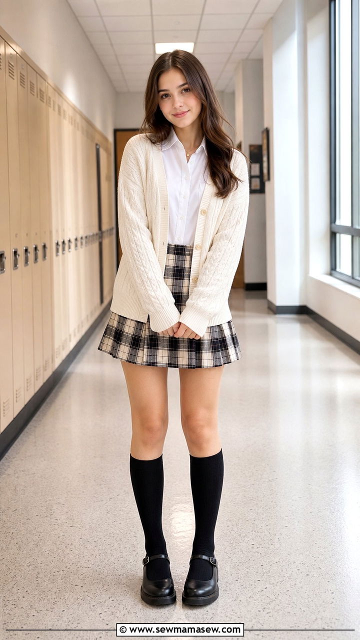 Plaid Skirt with White Button Down and Cardigan - 35 back to school outfits inspo