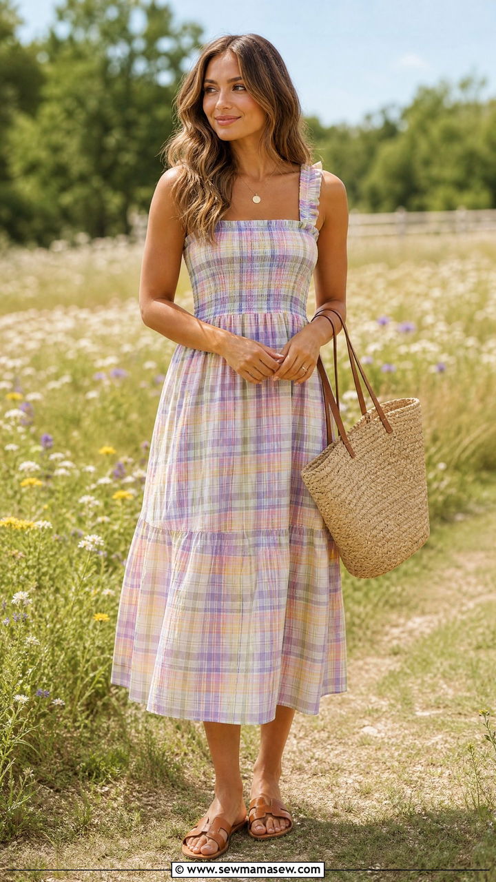 Plaid Smocked Dress and Sandals - 30 Summer plaid outfits