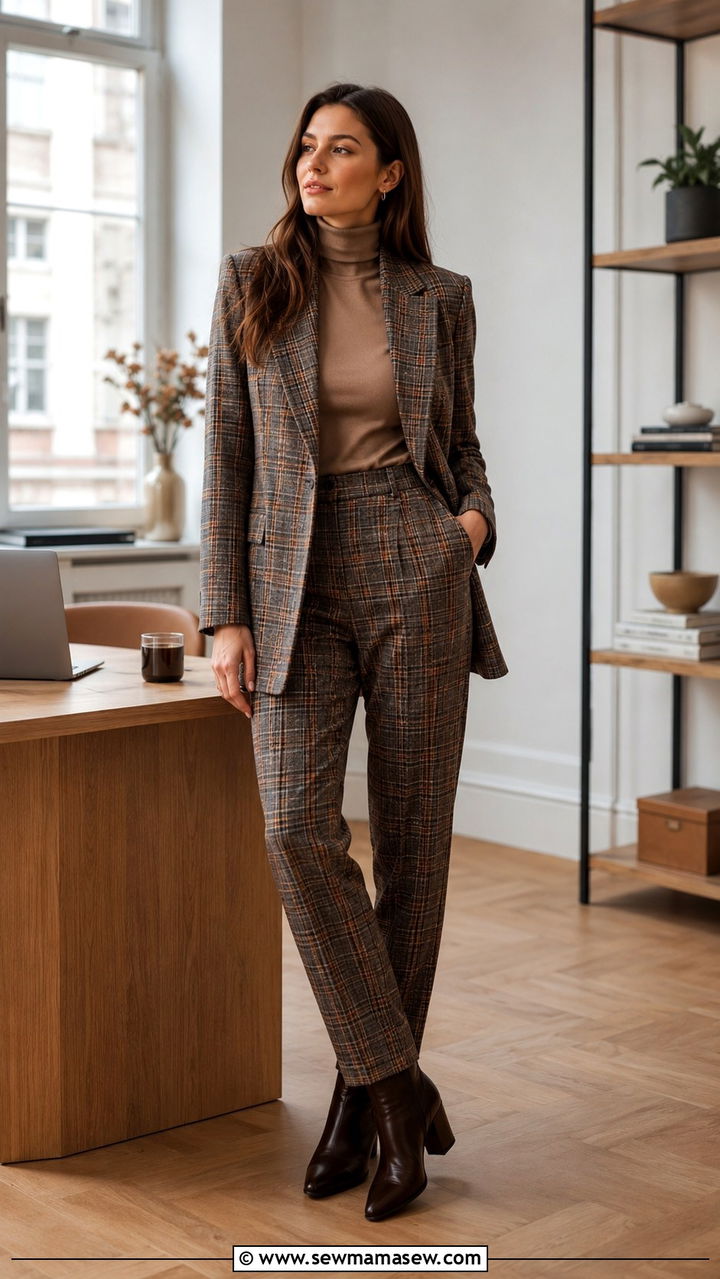 Plaid Suit With a Turtleneck - 25 Work outfits for pear shape