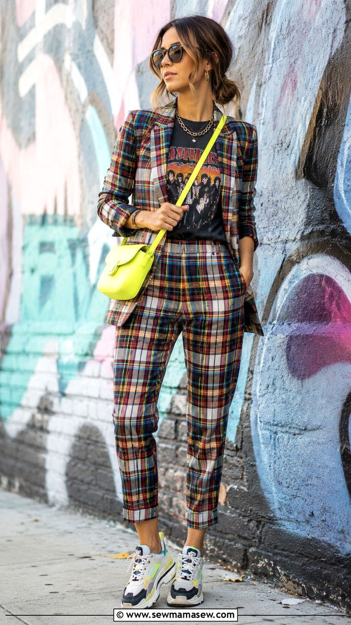 Plaid Suit with Graphic Tee Outfit - 30 maximalist outfits for women