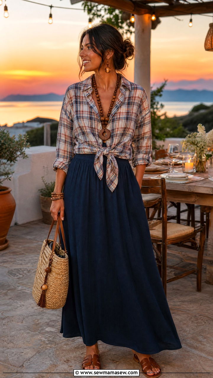 Plaid Tie Front Shirt and Maxi Skirt - 30 Summer plaid outfits