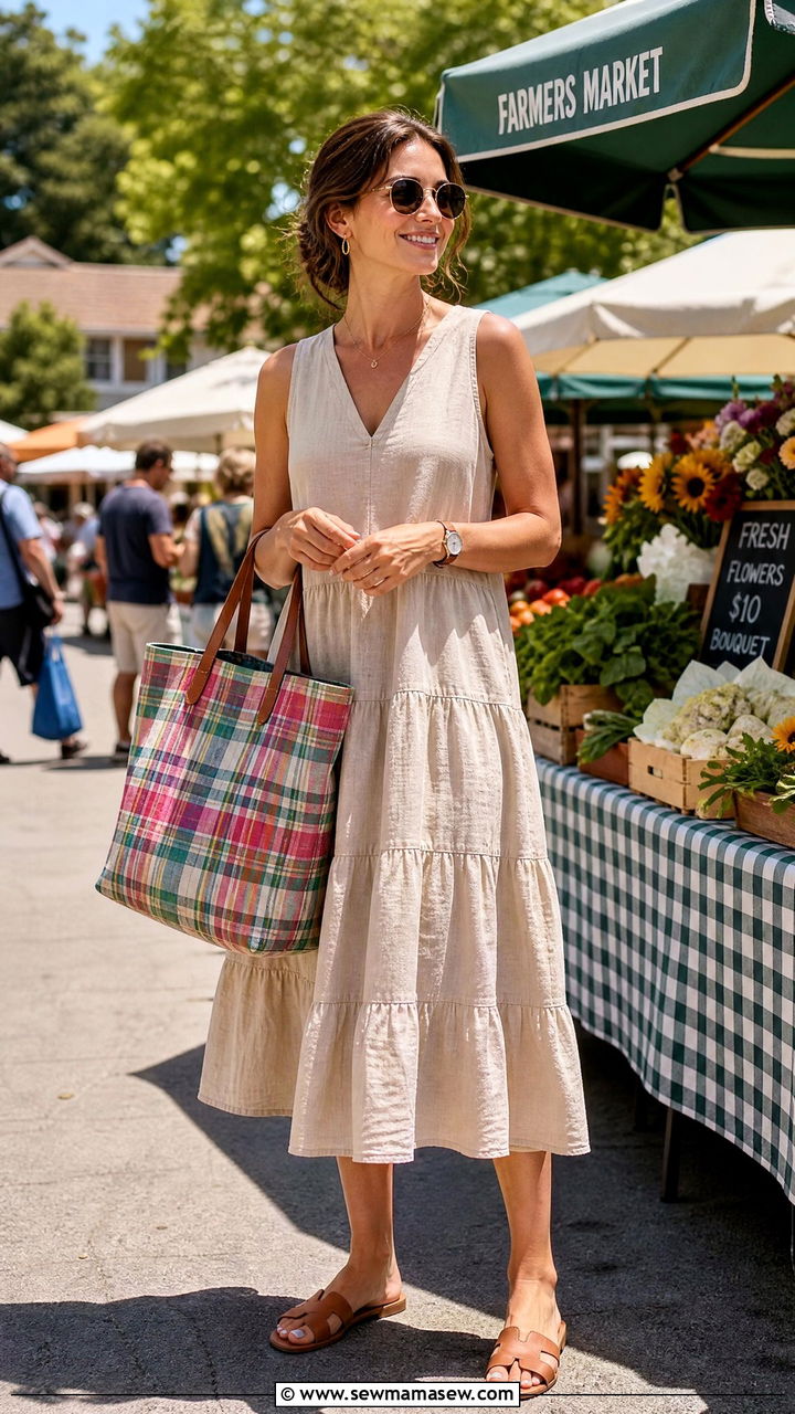 Plaid Tote Bag and Neutral Linen Dress - 30 Summer plaid outfits