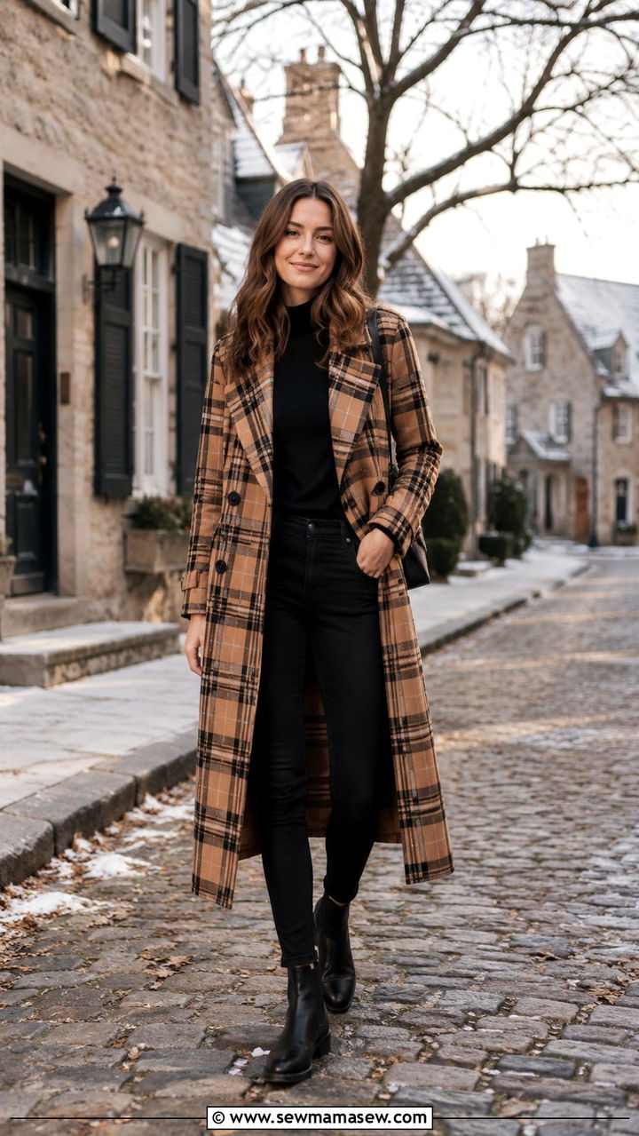 Plaid Trench Coat With Black Skinny Jeans and Chelsea Boots - 30 Long trench coat outfit ideas with jeans