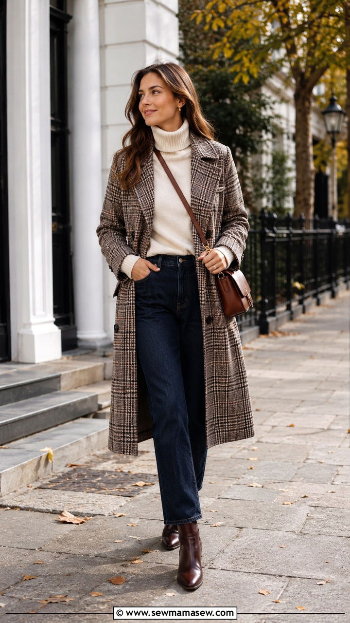 Plaid Trench Coat with Cream Turtleneck and Straight Leg Jeans - 25 Old money outfit ideas with plaid