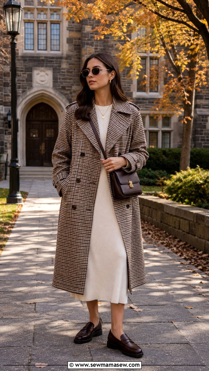 Plaid Trench Coat with Solid Midi Dress and Loafers - 30 Long trench coat outfit ideas with a dress