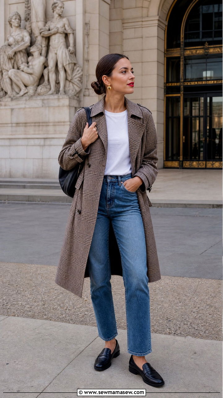 Plaid Trench with Straight Leg Jeans and Loafers - 25 March outfits for women
