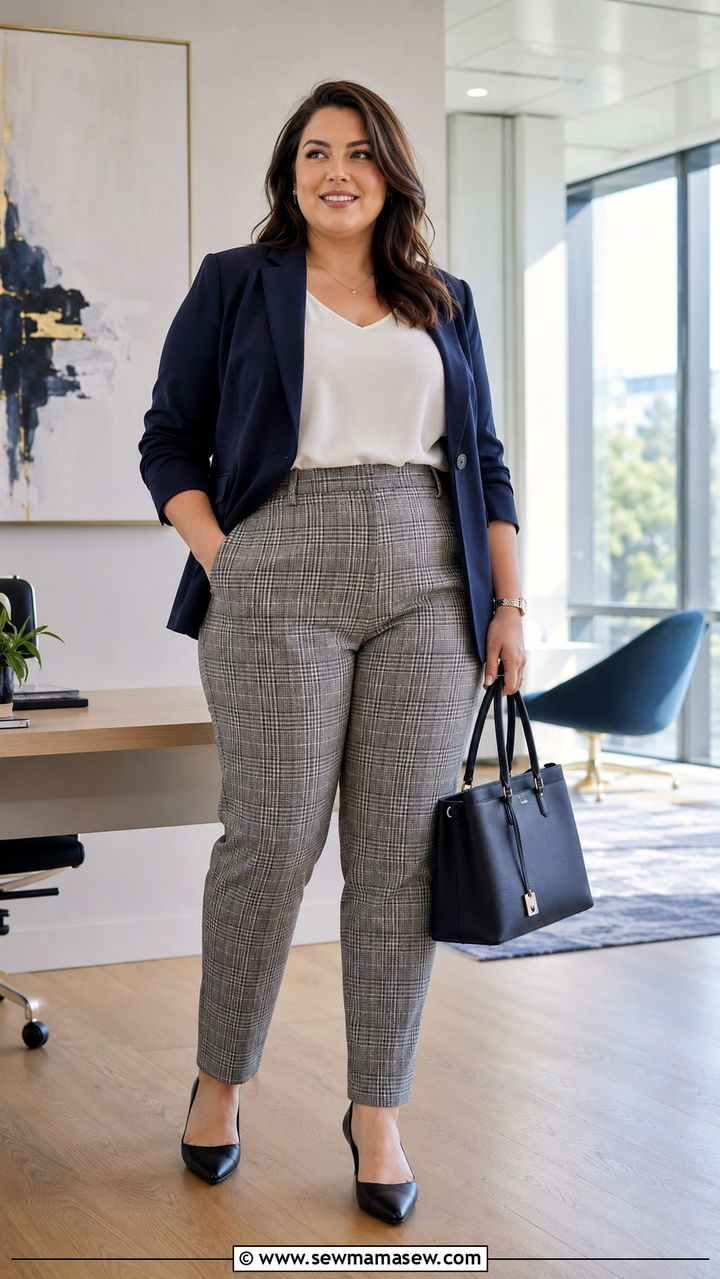 Plaid Trouser with Solid Blazer - 30 Plus size business casual outfit ideas