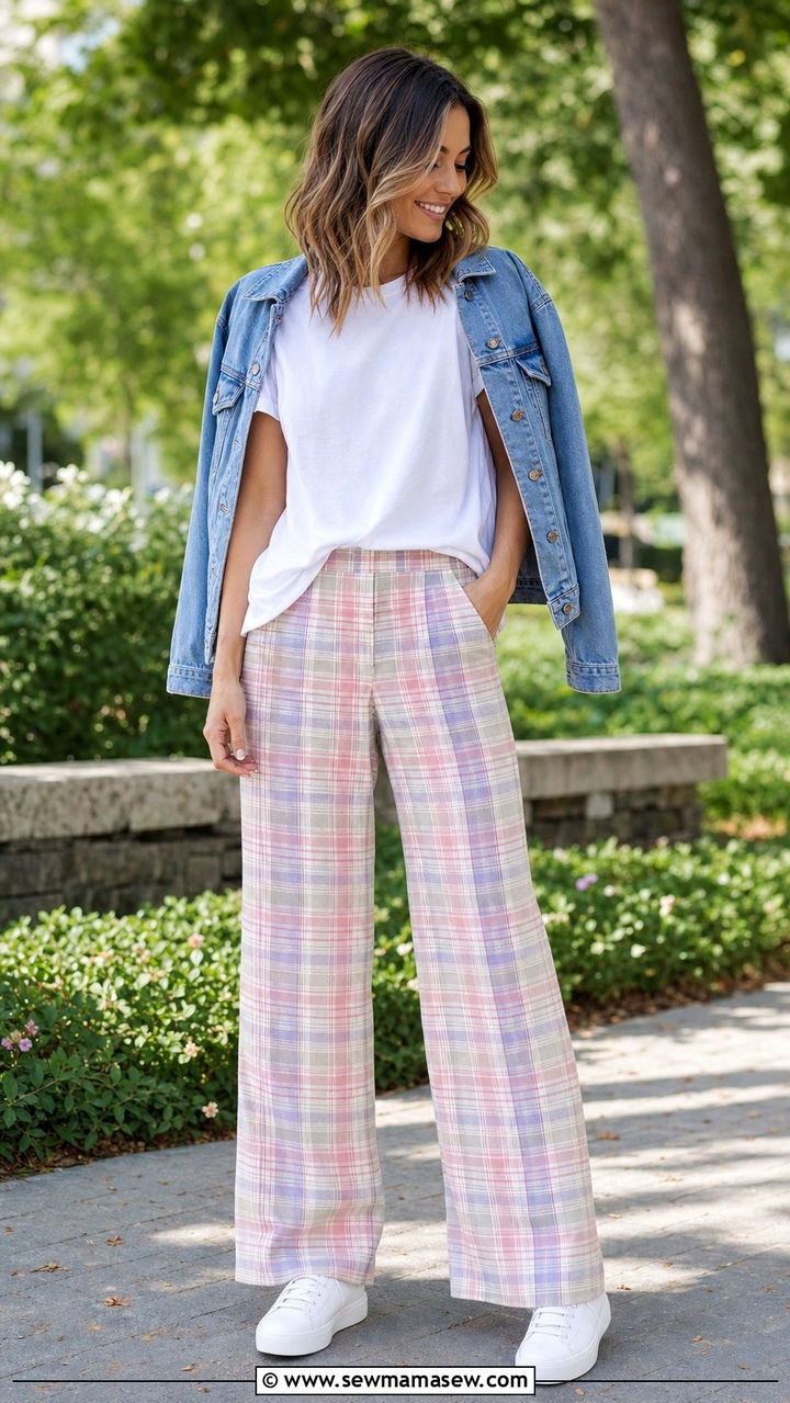 Plaid Trousers And Solid Tee - 25 spring trousers outfit ideas