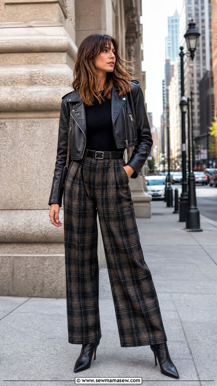 Plaid Trousers With A Leather Jacket - 25 classy grunge outfit ideas