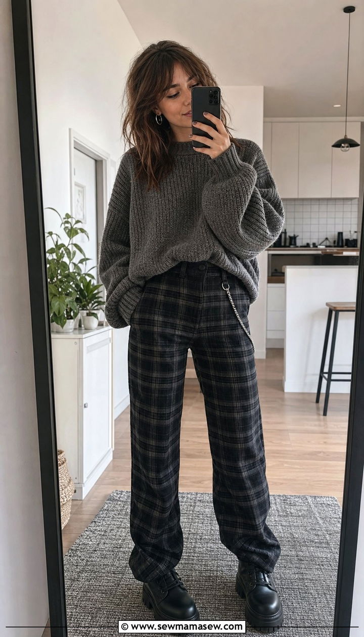 Plaid Trousers With An Oversized Knit Sweater And Chunky Boots - 25 cute grunge outfits