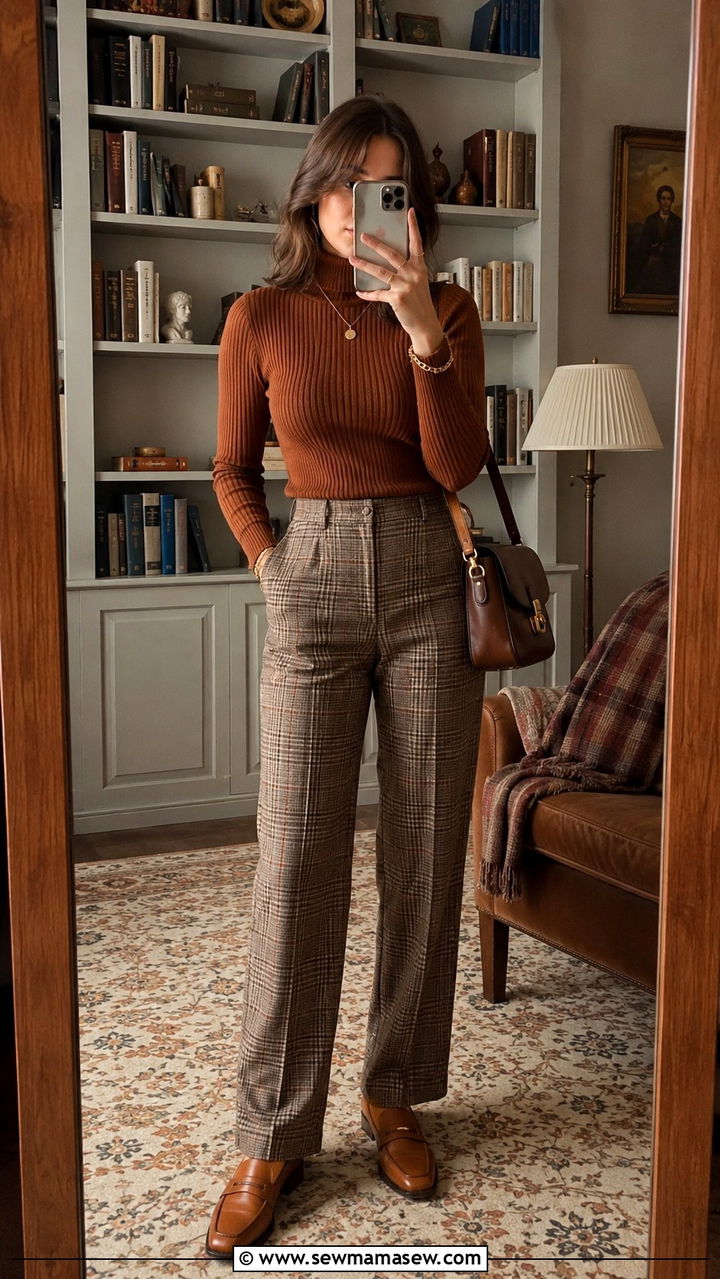 Plaid Trousers With Ribbed Turtleneck Outfit - 25 70s outfit ideas 2026