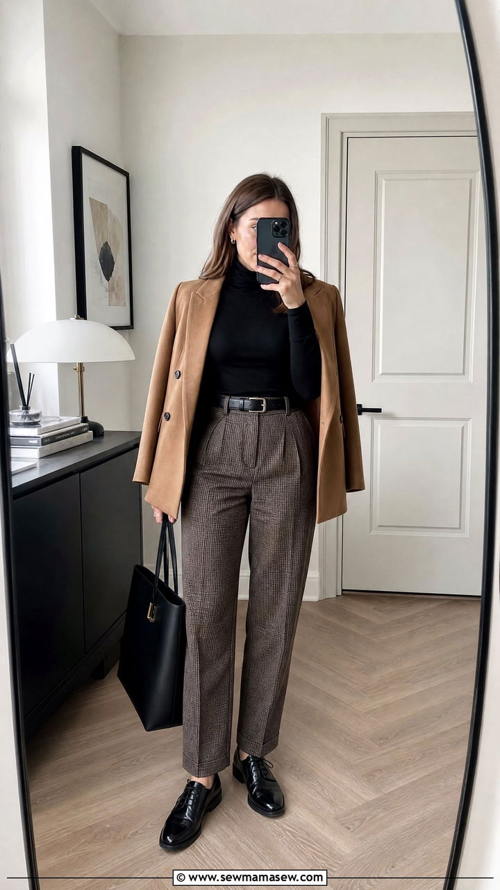 Plaid Trousers and Black Turtleneck Office Outfit - 30 Dark academia work outfits