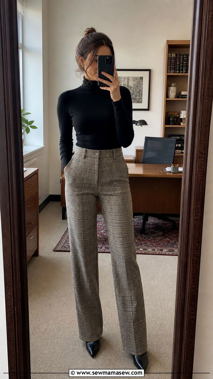 Plaid Trousers with Black Mock Neck Top - 40 Boss lady outfit ideas