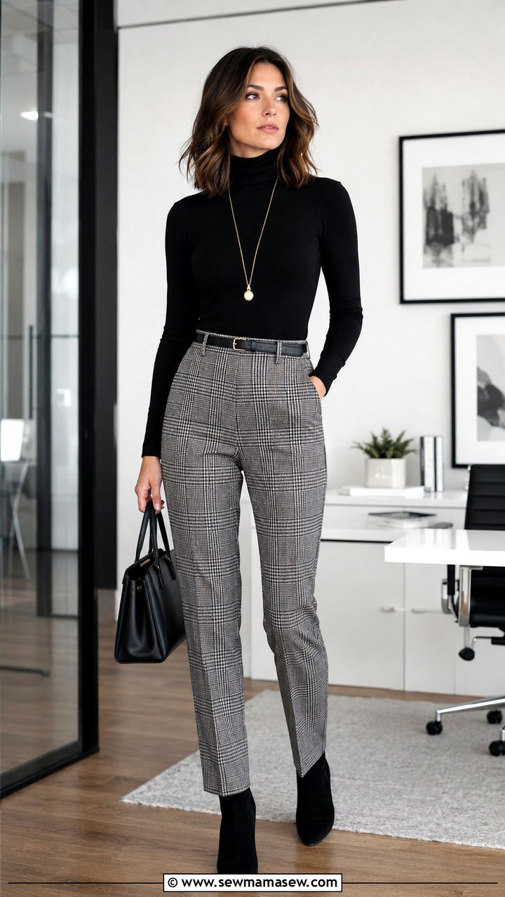 Plaid Trousers with Black Turtleneck - 30 business casual outfits ideas