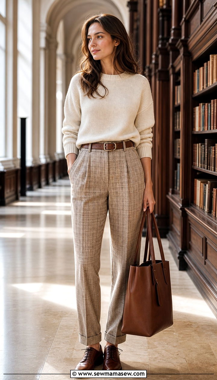 Plaid Trousers with Cream Sweater - 25 cute light academia outfits