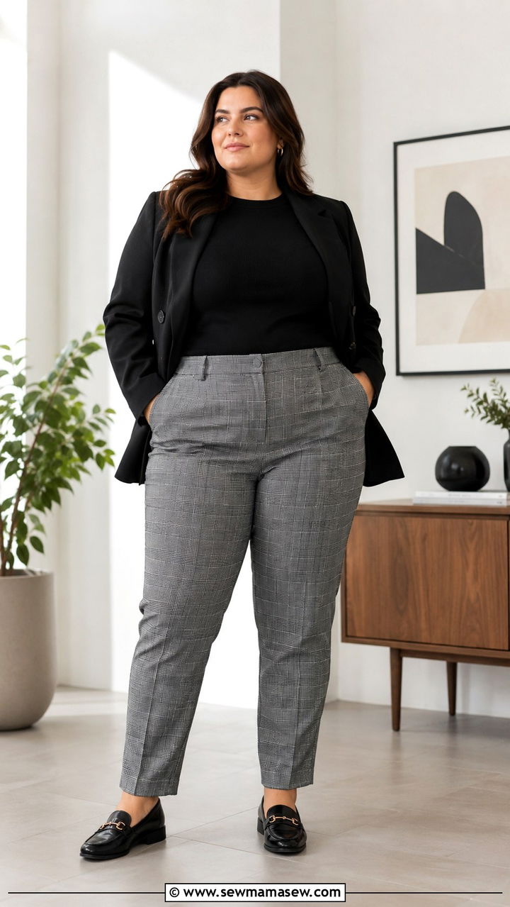 Plaid Trousers with Fitted Sweater - 30 Office outfit ideas plus size
