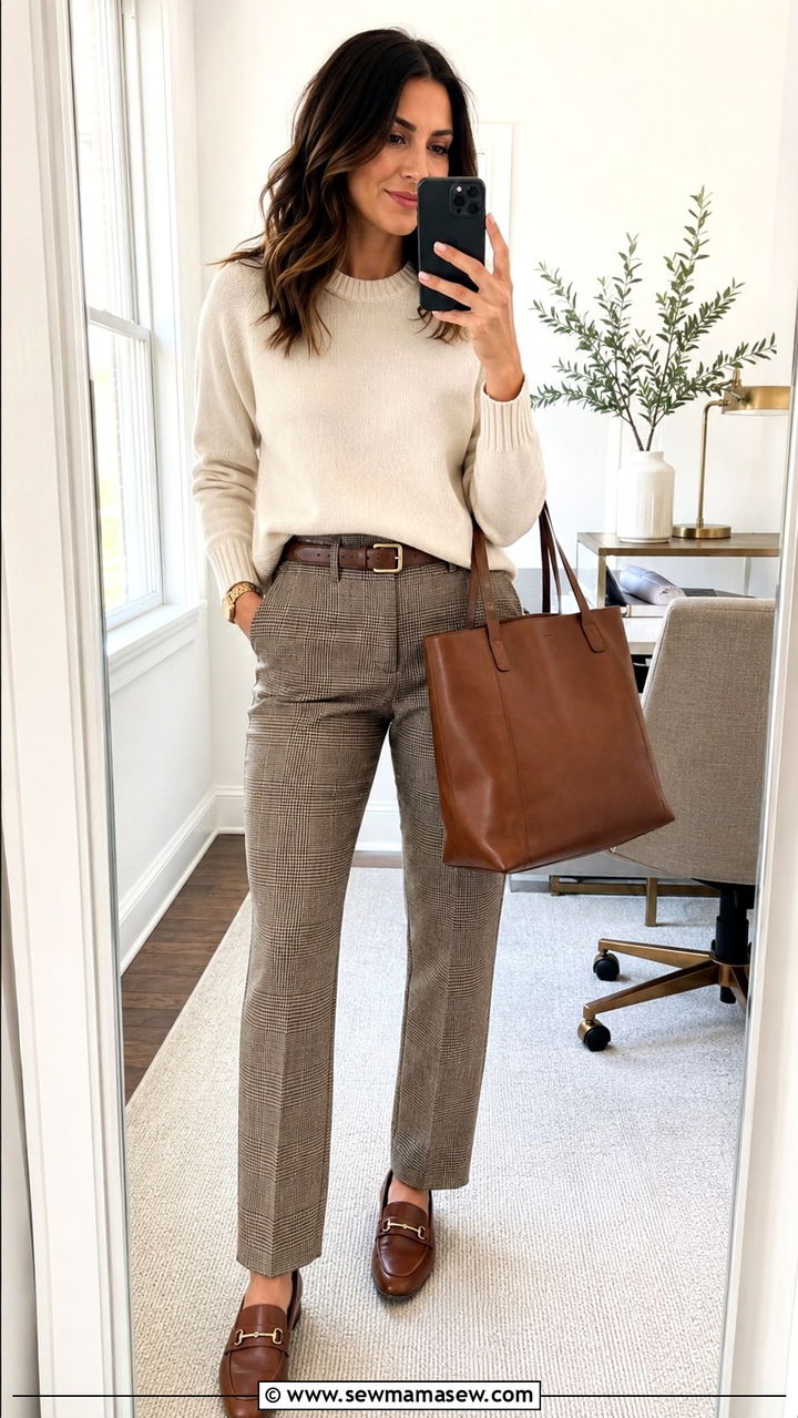 Plaid Trousers with Solid Cashmere Sweater and Leather Loafers - 25 Old money outfit ideas with plaid