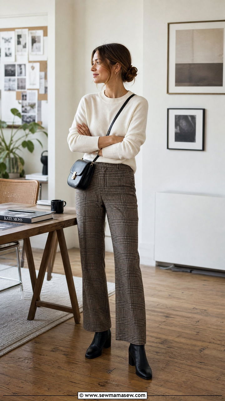 Plaid Trousers with White Cashmere Sweater Outfit - 30 Old money outfit ideas for work
