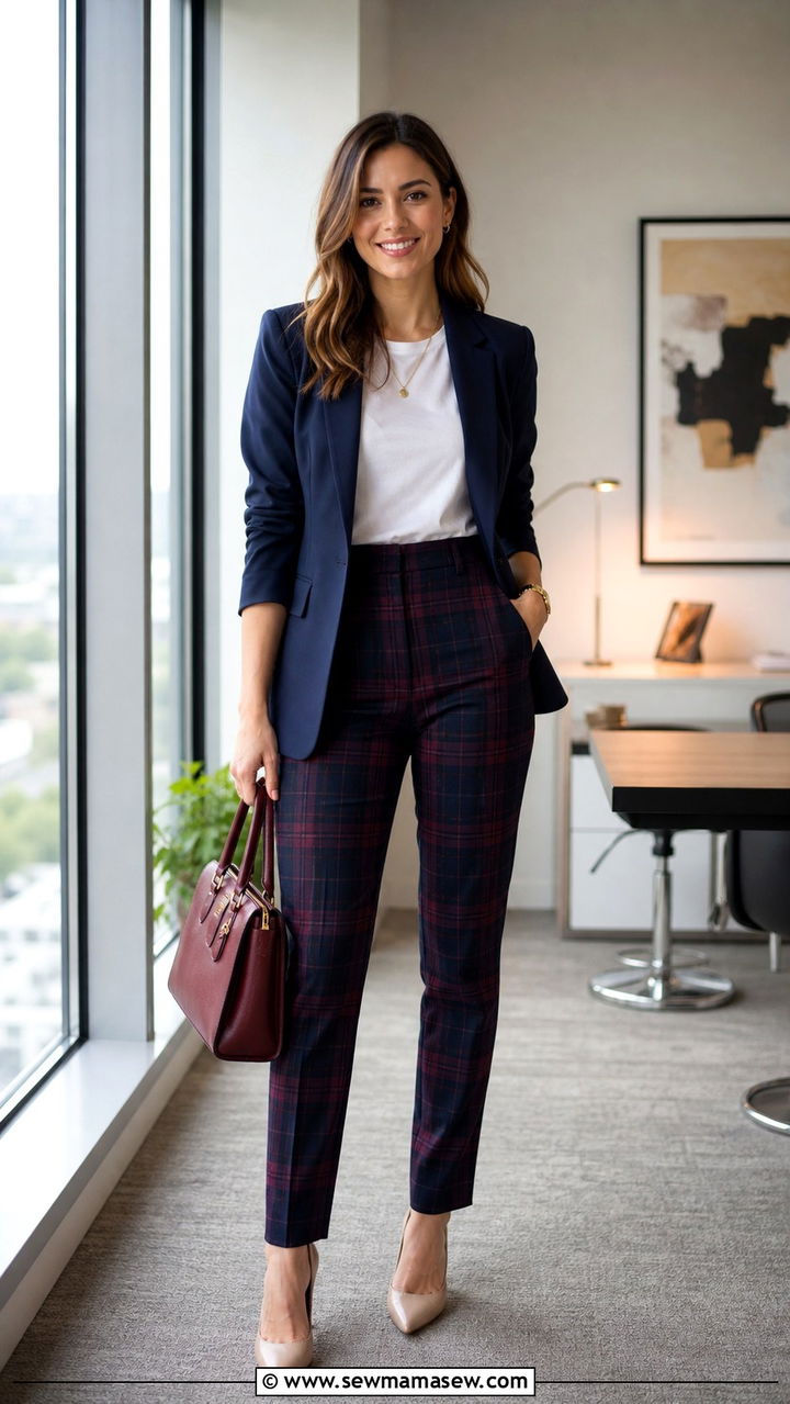 Plaid Trousers with a Solid Blazer and Pointed Pumps - 40 classy business casual outfits