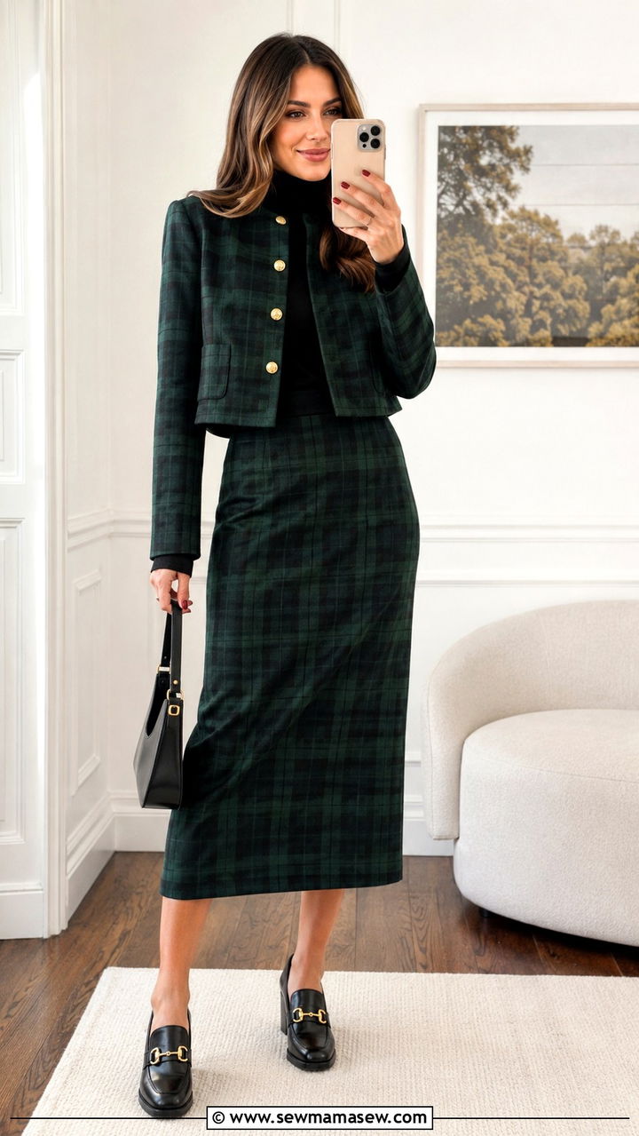 Plaid TwoPiece Skirt Set With Black Turtleneck - 30 seasonal wedding guest outfit ideas