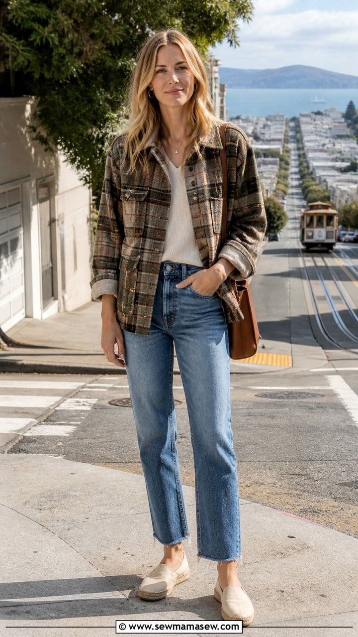 Plaid Utility Jacket With Straight Leg Jeans And Espadrilles San Francisco - 40 San Francisco outfit ideas
