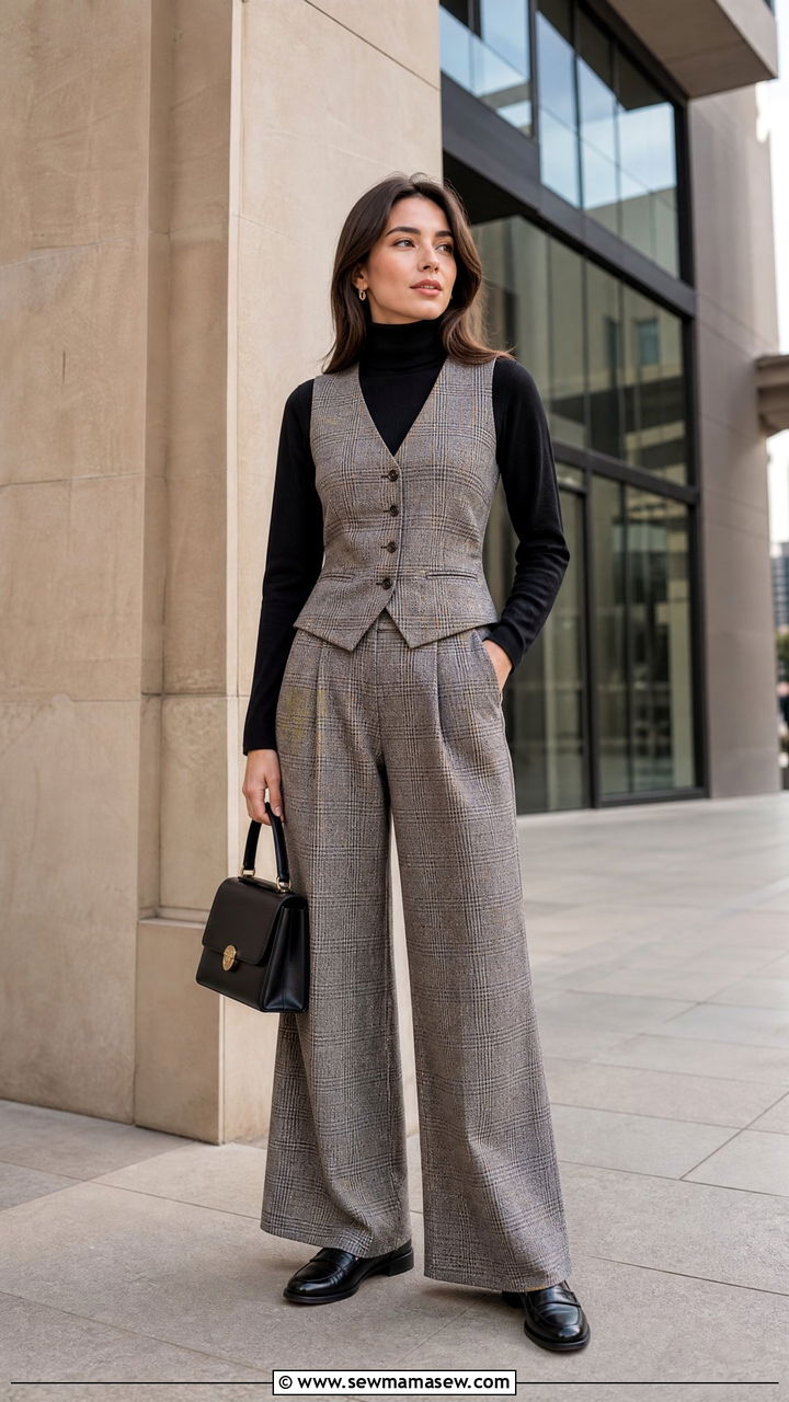Plaid Vest And Wide Leg Pants Set - 25 Matching set outfit ideas plaid