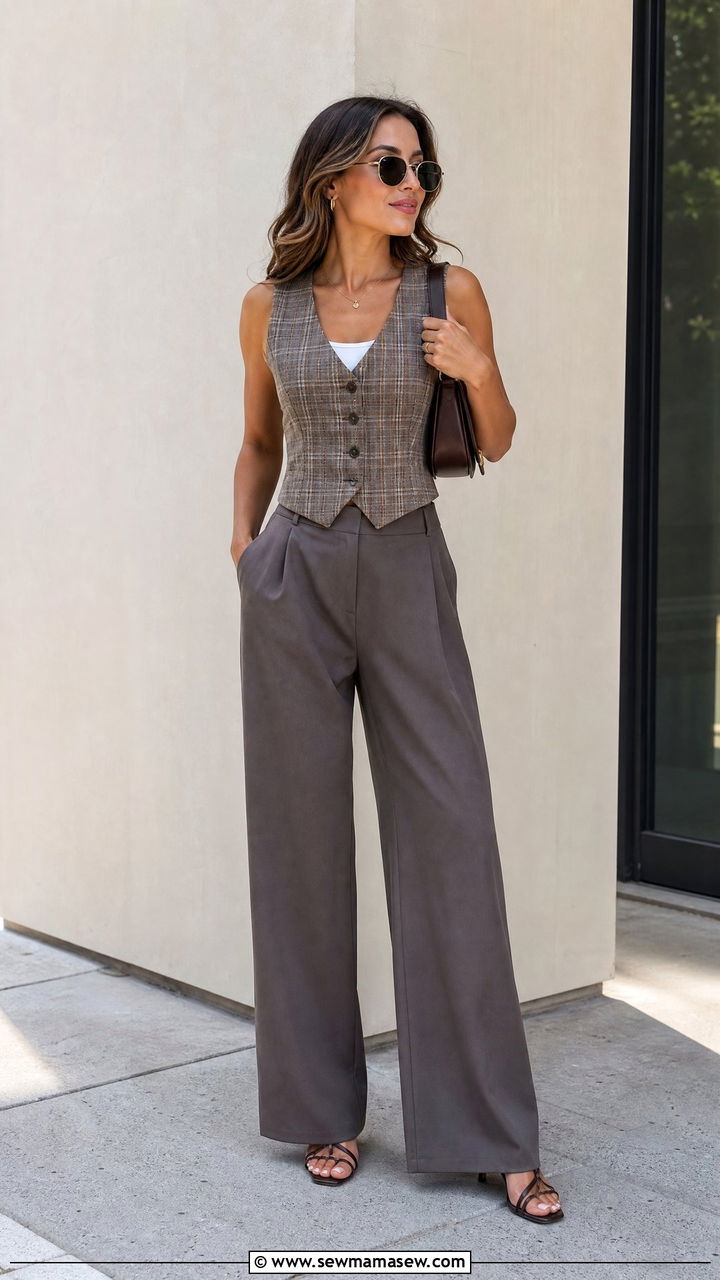 Plaid Vest and Wide Leg Trousers - 30 Summer plaid outfits