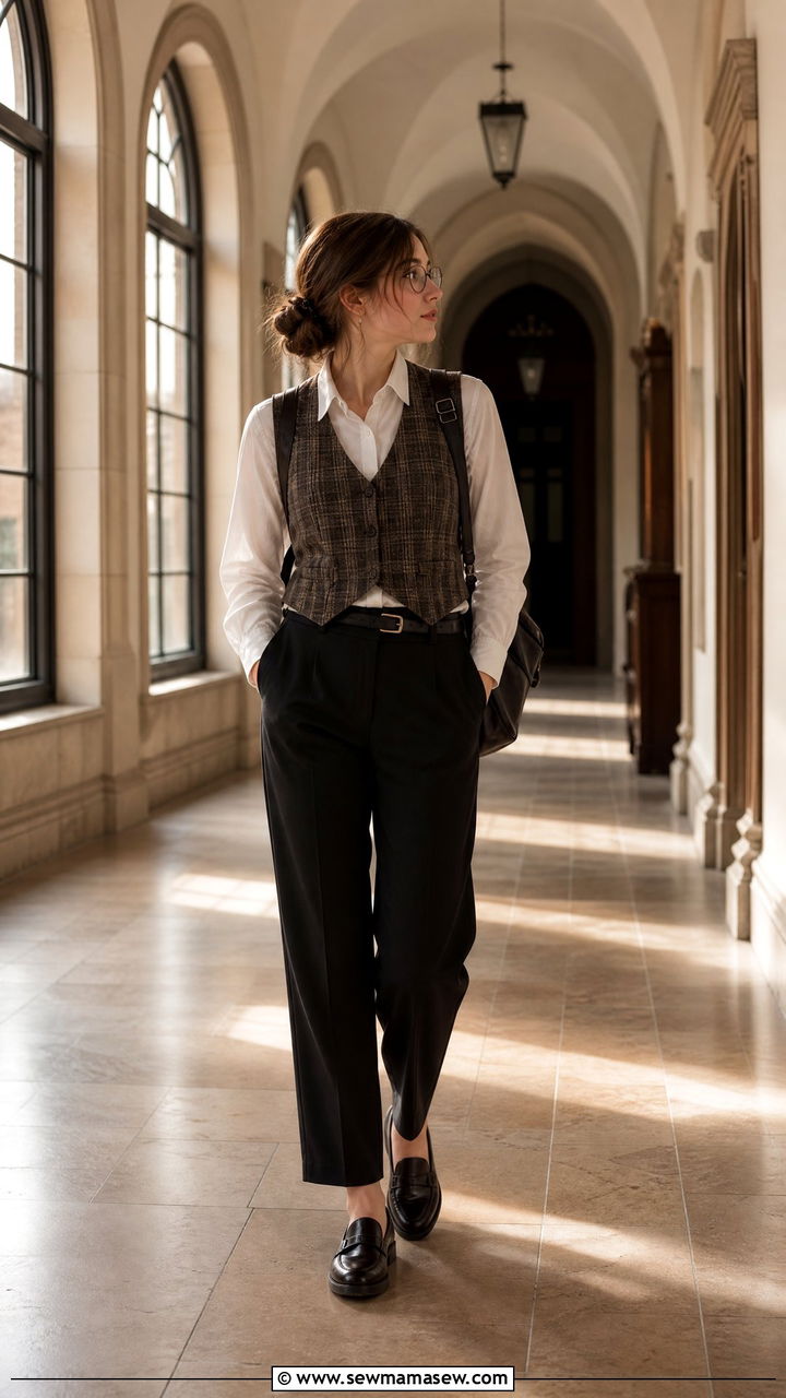 Plaid Waistcoat With White Shirt And Trousers Outfit - 30 Dark academia spring outfits