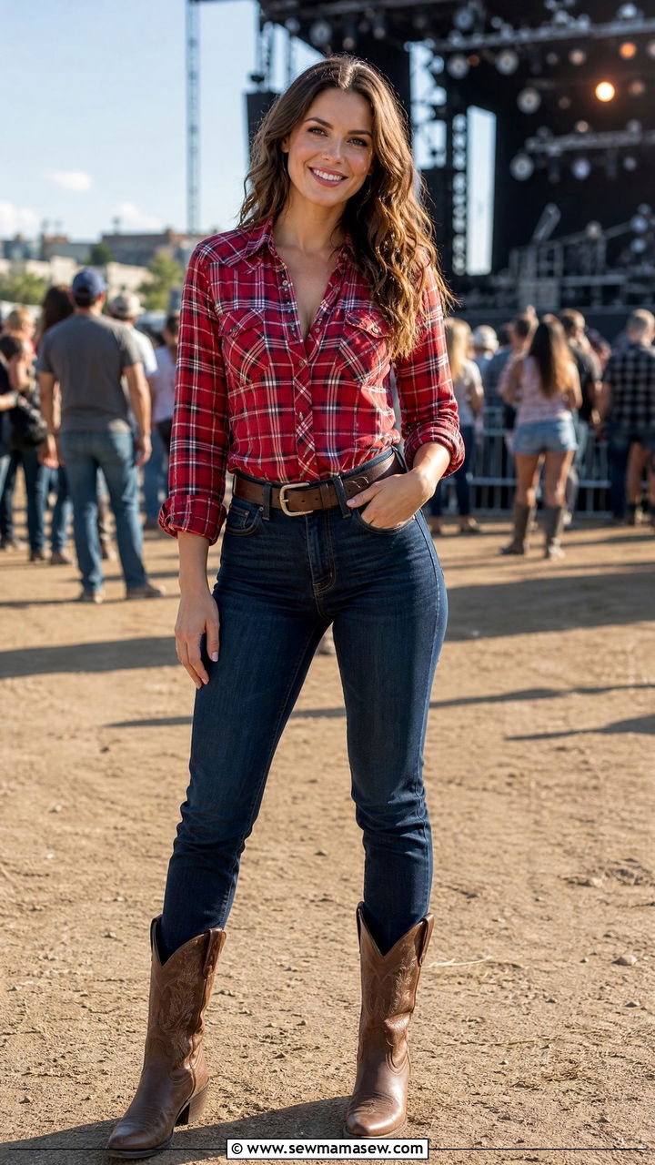 Plaid Western Shirt and High Waisted Jeans - 30 modest country concert outfit ideas