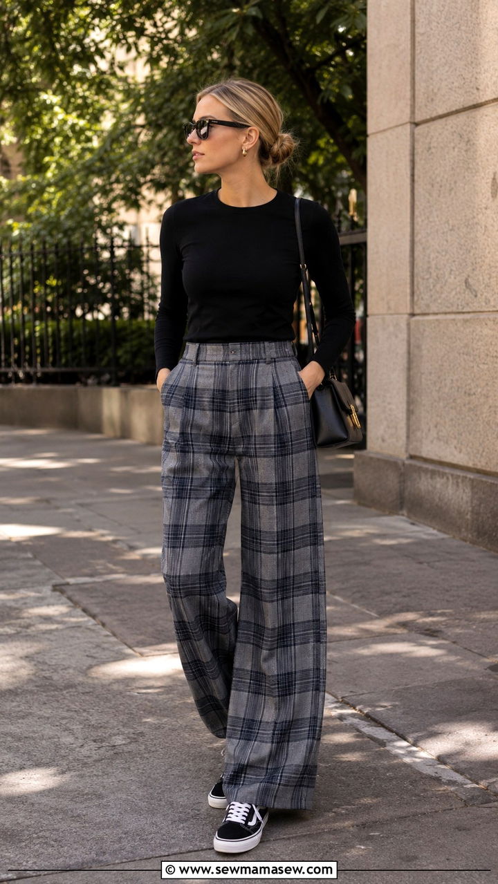 Plaid Wide Leg Trousers With Sneakers - 25 Wide leg trousers outfit ideas with sneakers