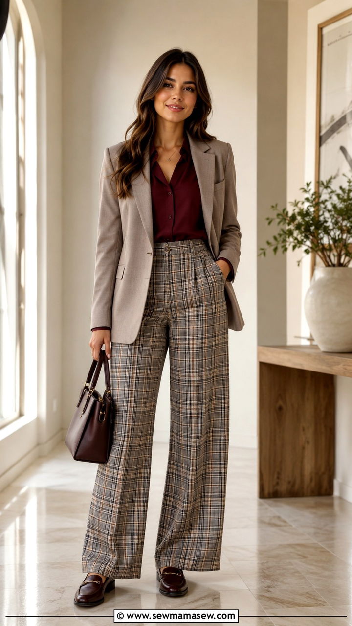 Plaid Wide Leg Trousers With Solid Color Blouse - 30 Modest outfit ideas with wide leg pants