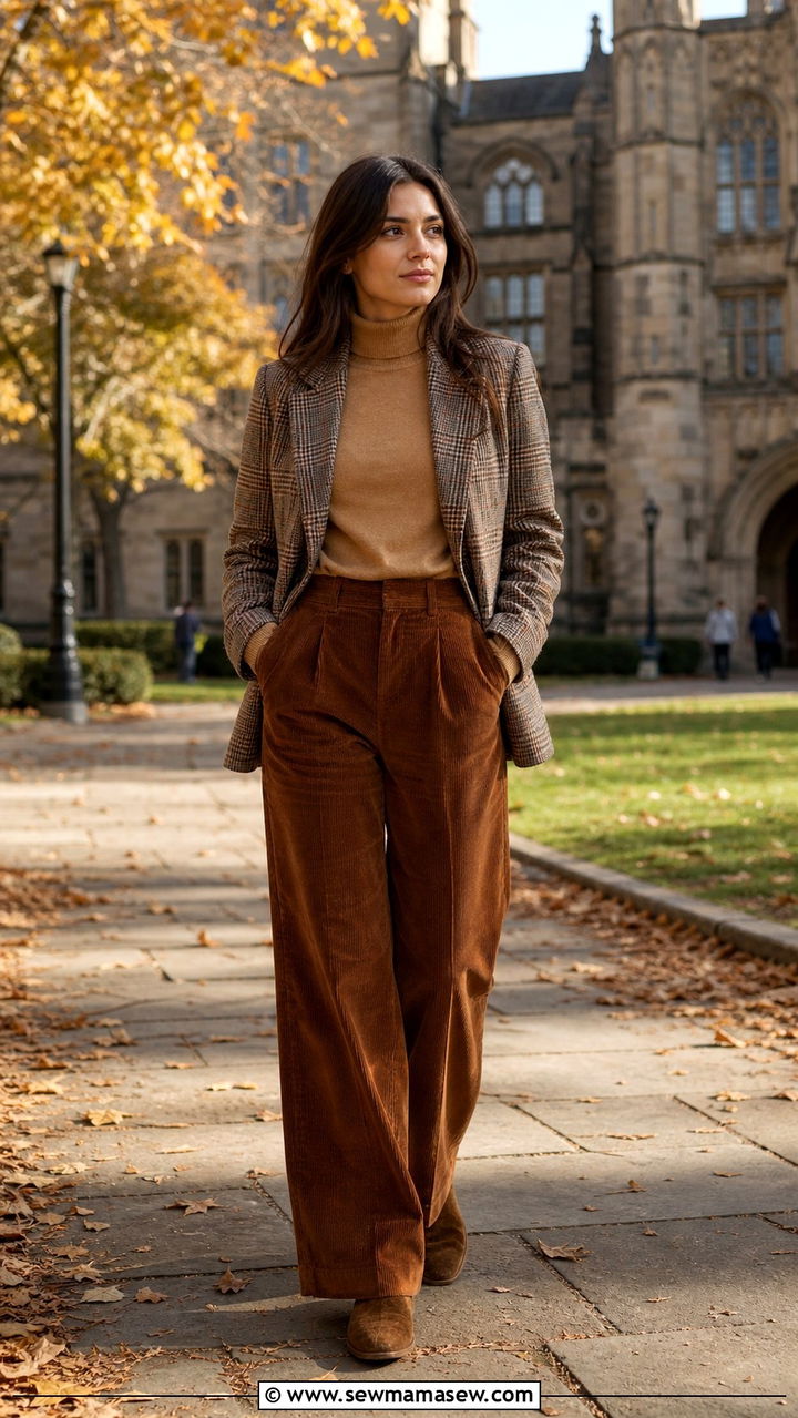 Plaid Wool Blazer With Roll Neck and Corduroy Trousers - 40 old money outfit ideas for women