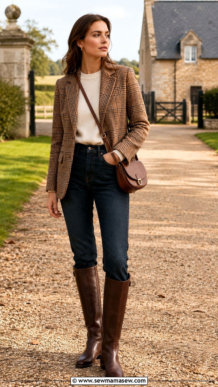 Plaid Wool Blazer with Dark Jeans and Riding Boots - 25 Old money outfit ideas with plaid