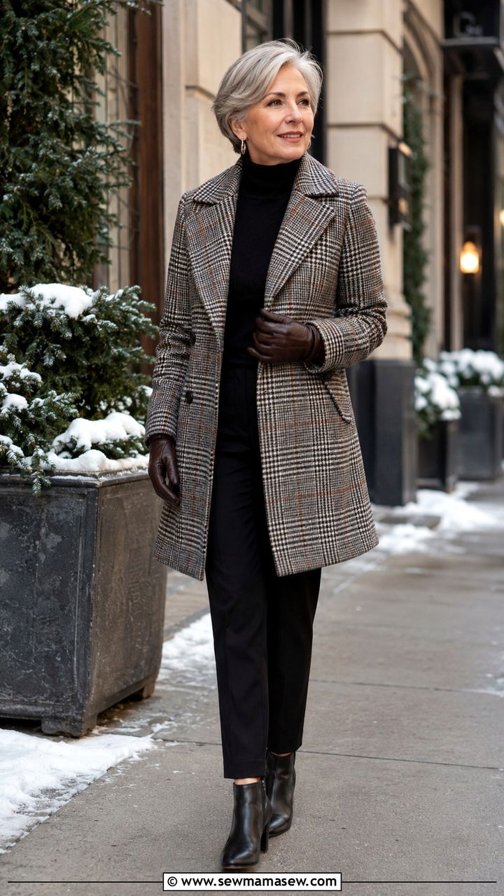 Plaid Wool Coat With Black Trousers and Leather Gloves - 30 Petite outfits for women over 50