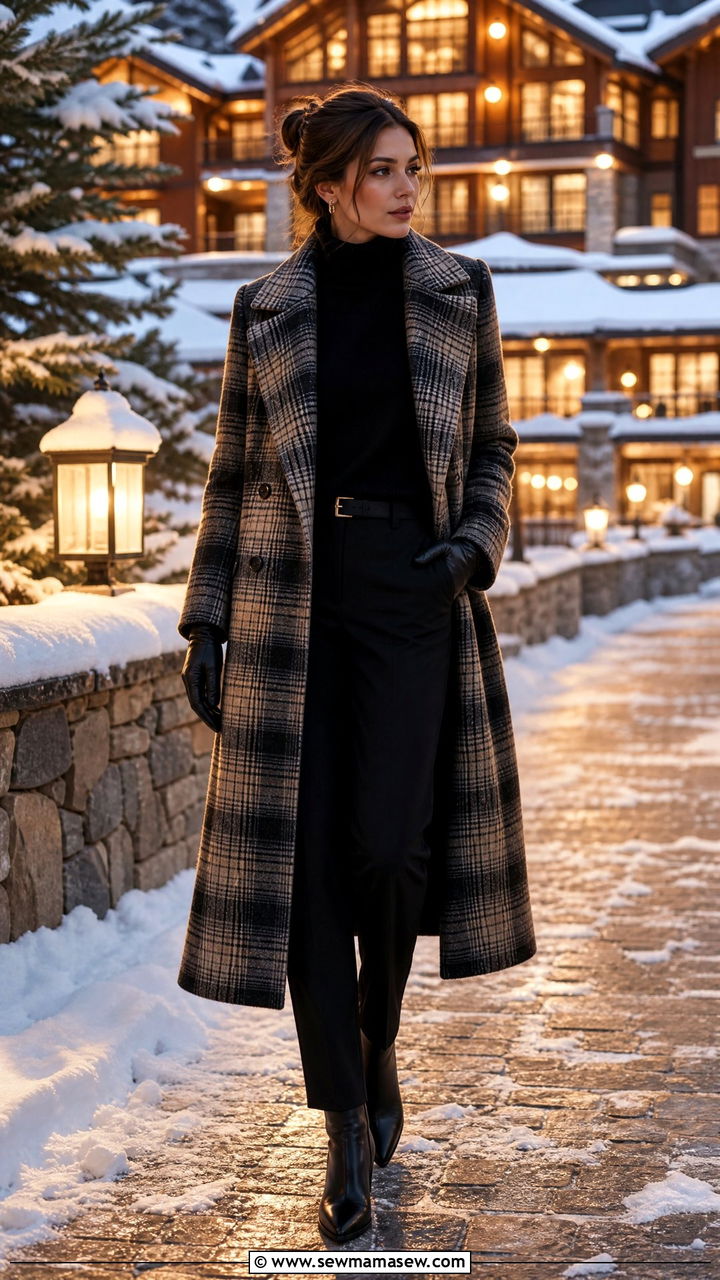 Plaid Wool Coat with Black Trousers and Ankle Boots - 40 Ski trip outfits