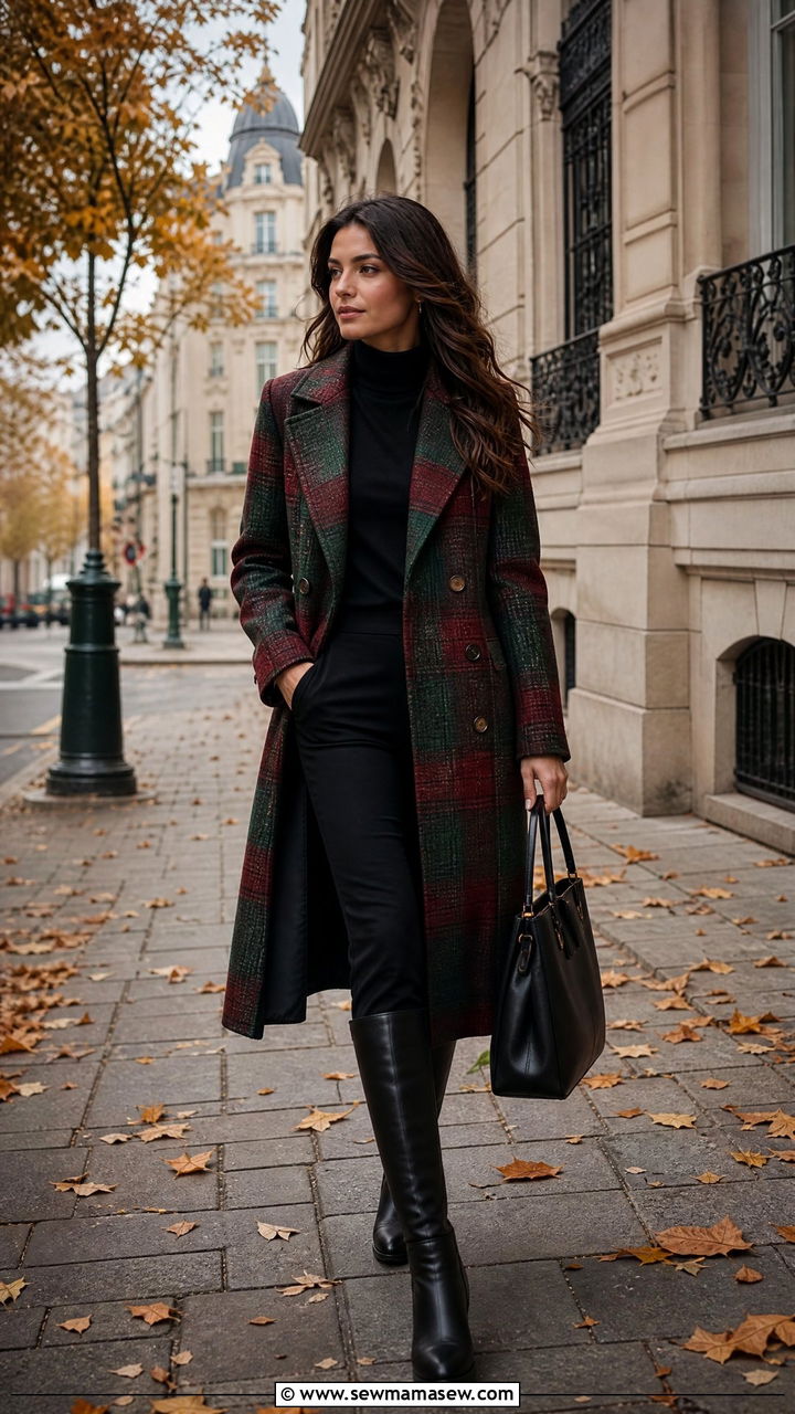 Plaid Wool Coat with Black Trousers and Knee High Boots - 25 Brussels outfit ideas